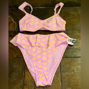 Never worn purple and yellow heart bikini set